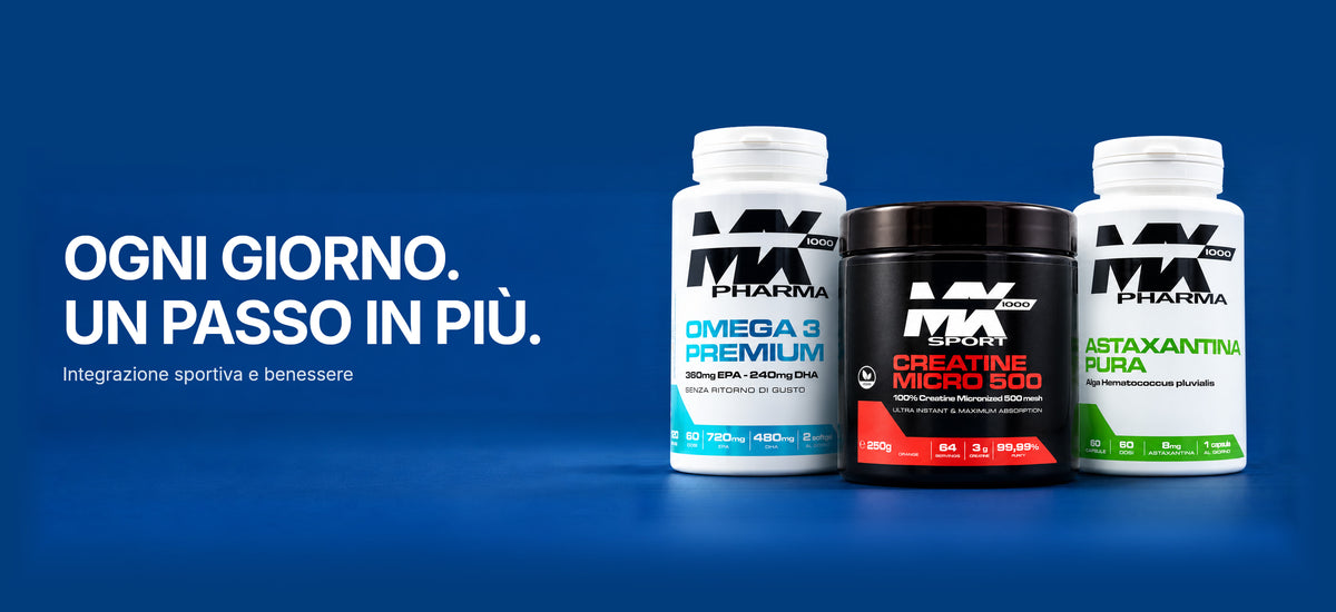 OGNI GIORNO. UN PASSO IN PIÙ. — Integrazione sportiva e benessere. Prodotti MX1000 Omega 3 Premium, Creatine Micro 500 e Astaxantina Pura.